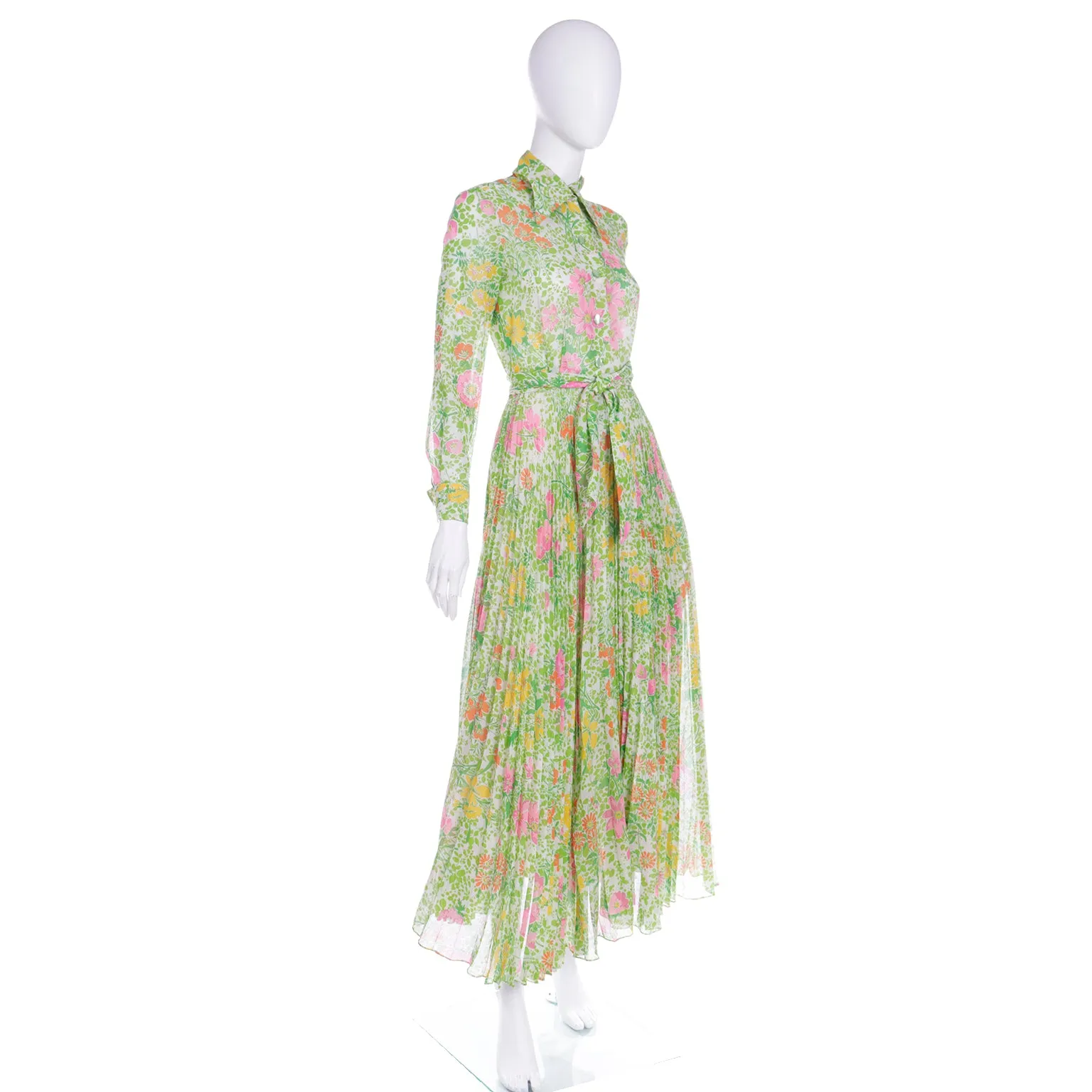 1970s Accordion Pleated Pink Green & Yellow Floral Maxi Dress