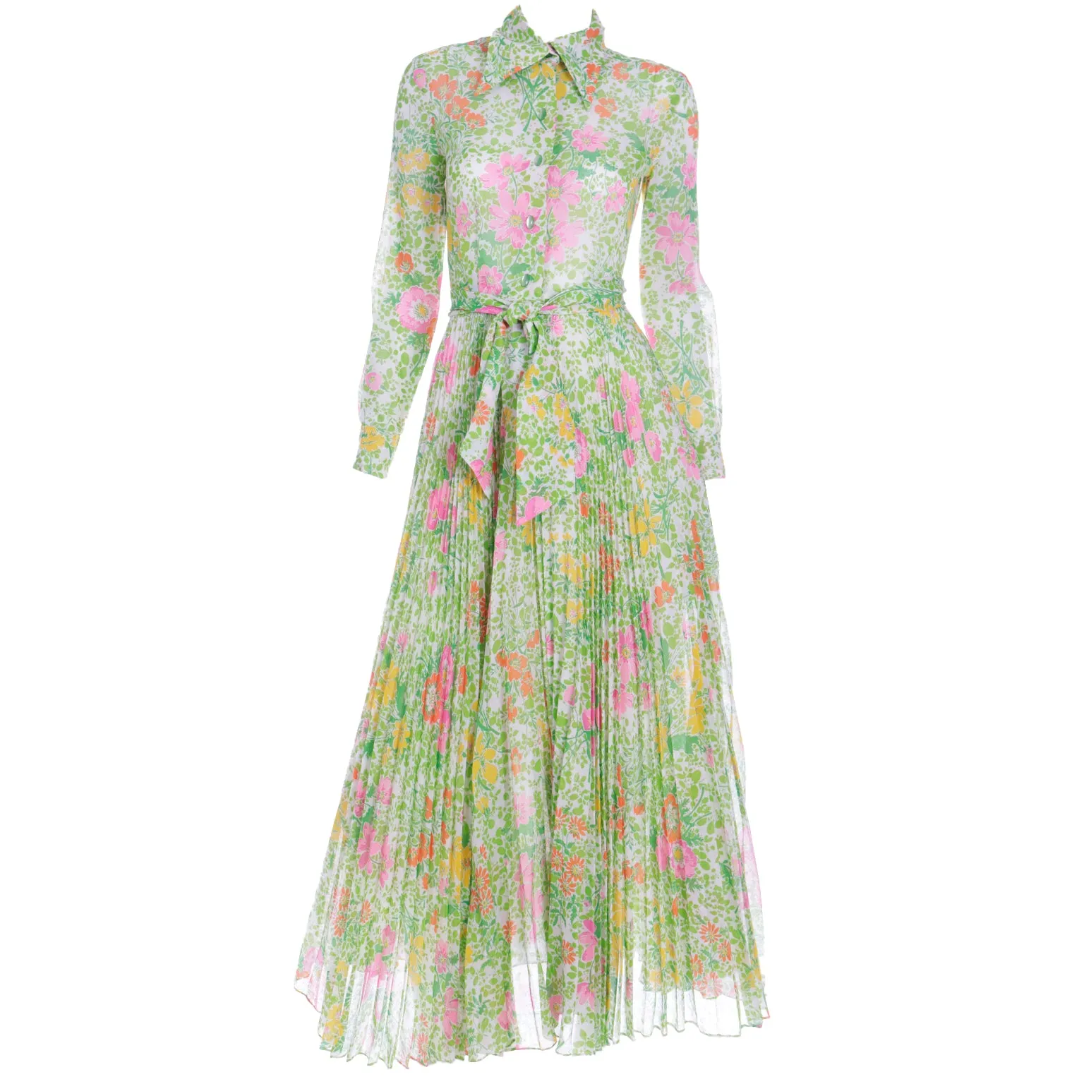 1970s Accordion Pleated Pink Green & Yellow Floral Maxi Dress