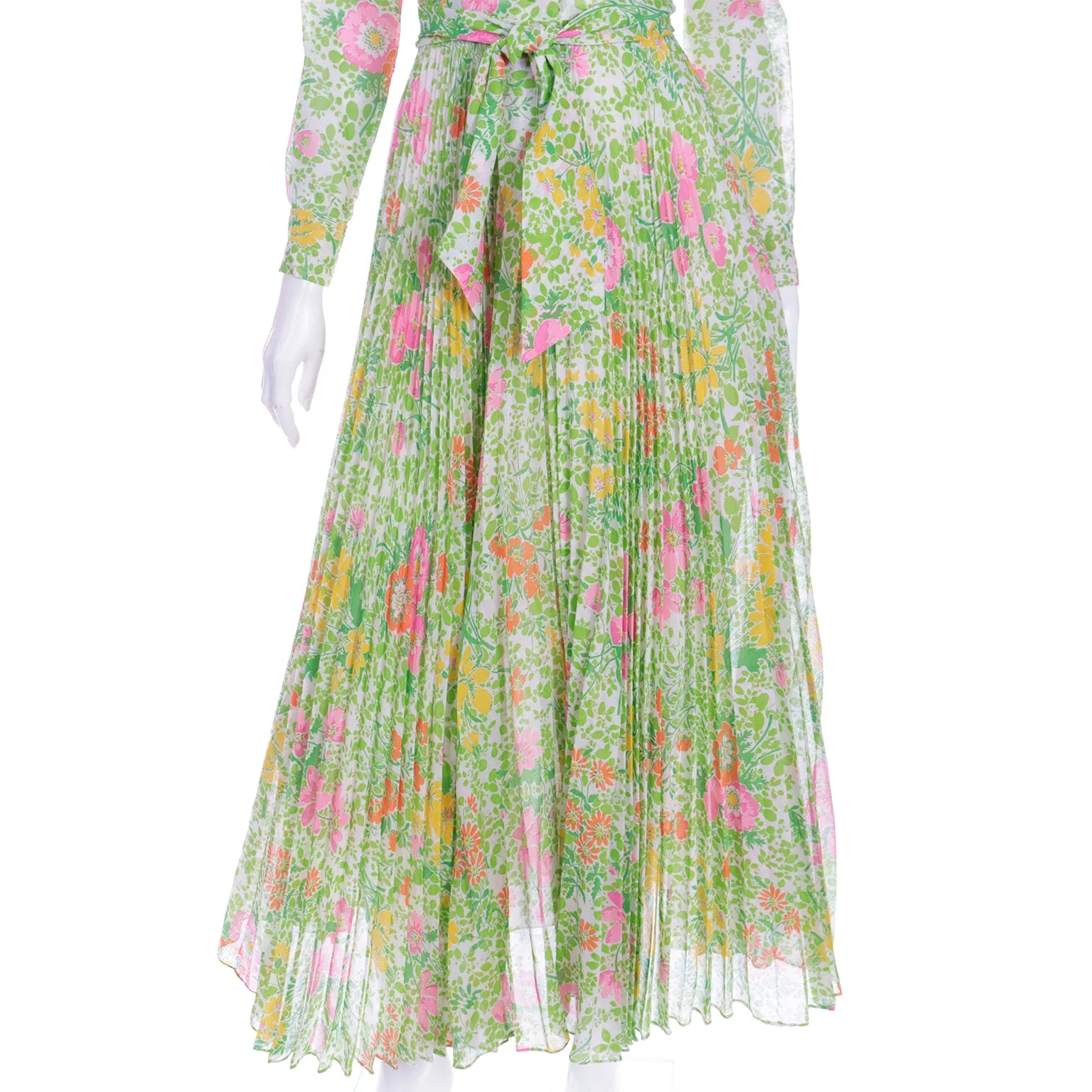 1970s Accordion Pleated Pink Green & Yellow Floral Maxi Dress