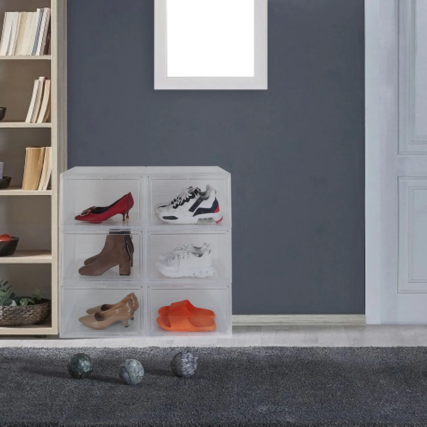 6-Pack: Collapsible Shoe Box Stackable Shoe Storage Bin with Magnetic Door