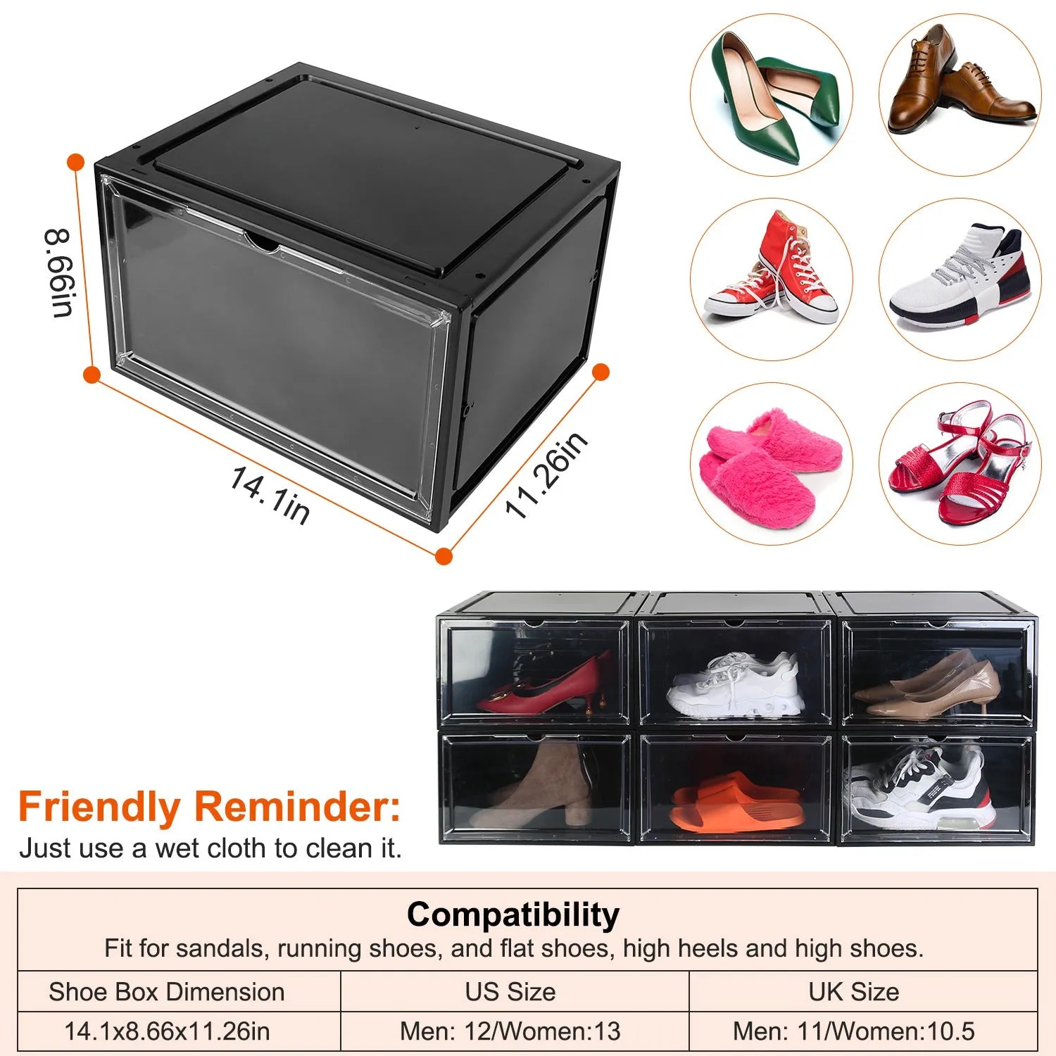 6-Pack: Collapsible Shoe Box Stackable Shoe Storage Bin with Magnetic Door