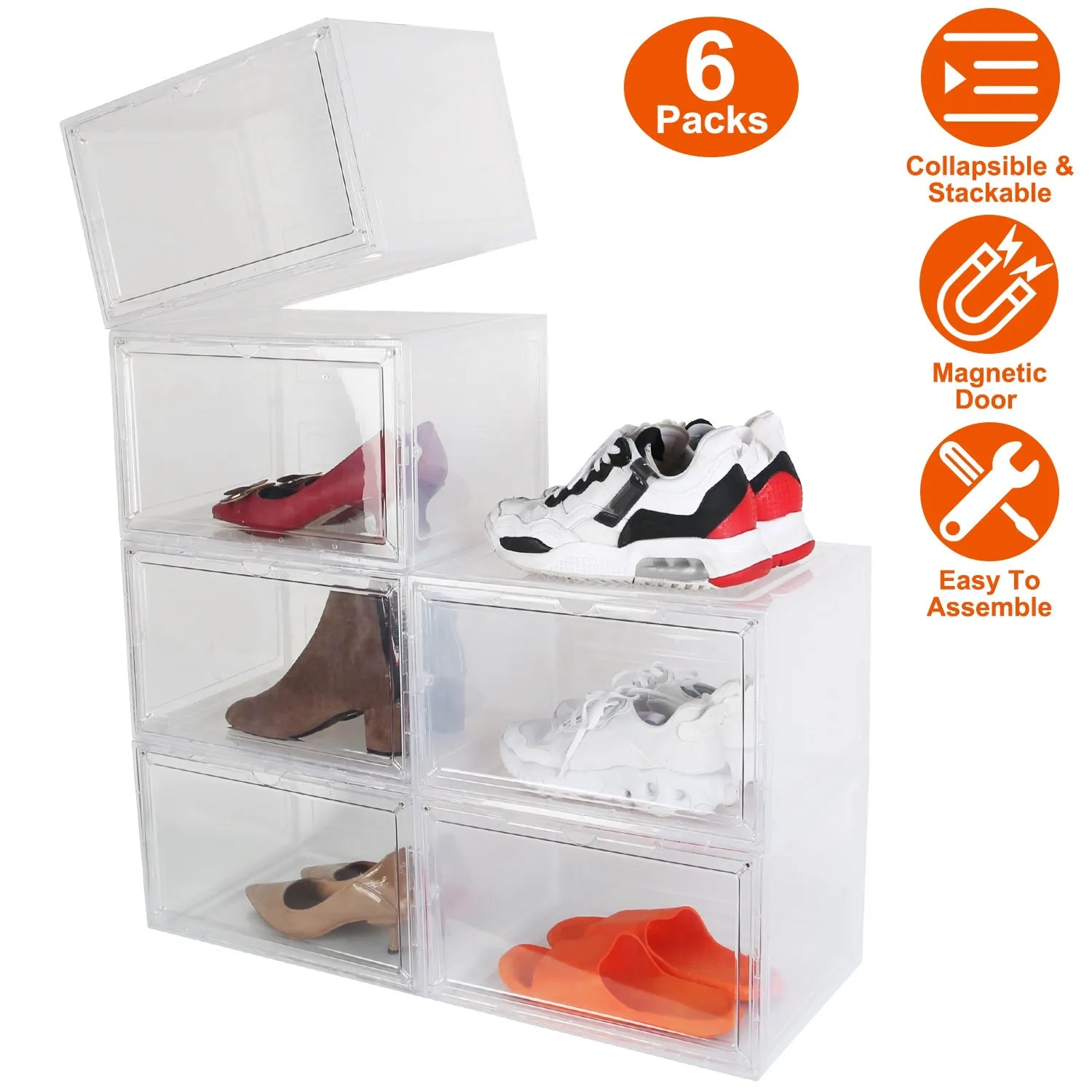 6-Pack: Collapsible Shoe Box Stackable Shoe Storage Bin with Magnetic Door