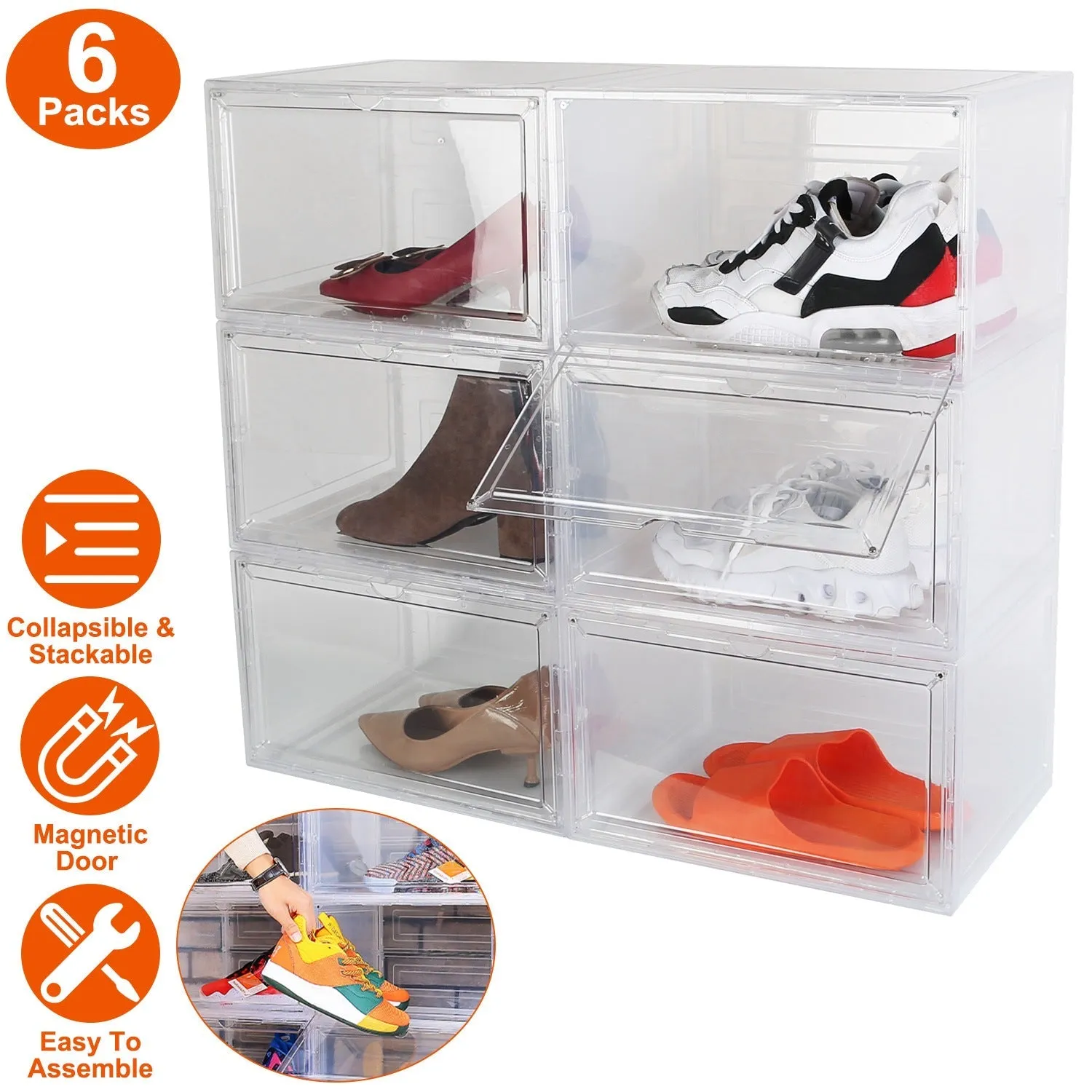 6-Pack: Collapsible Shoe Box Stackable Shoe Storage Bin with Magnetic Door