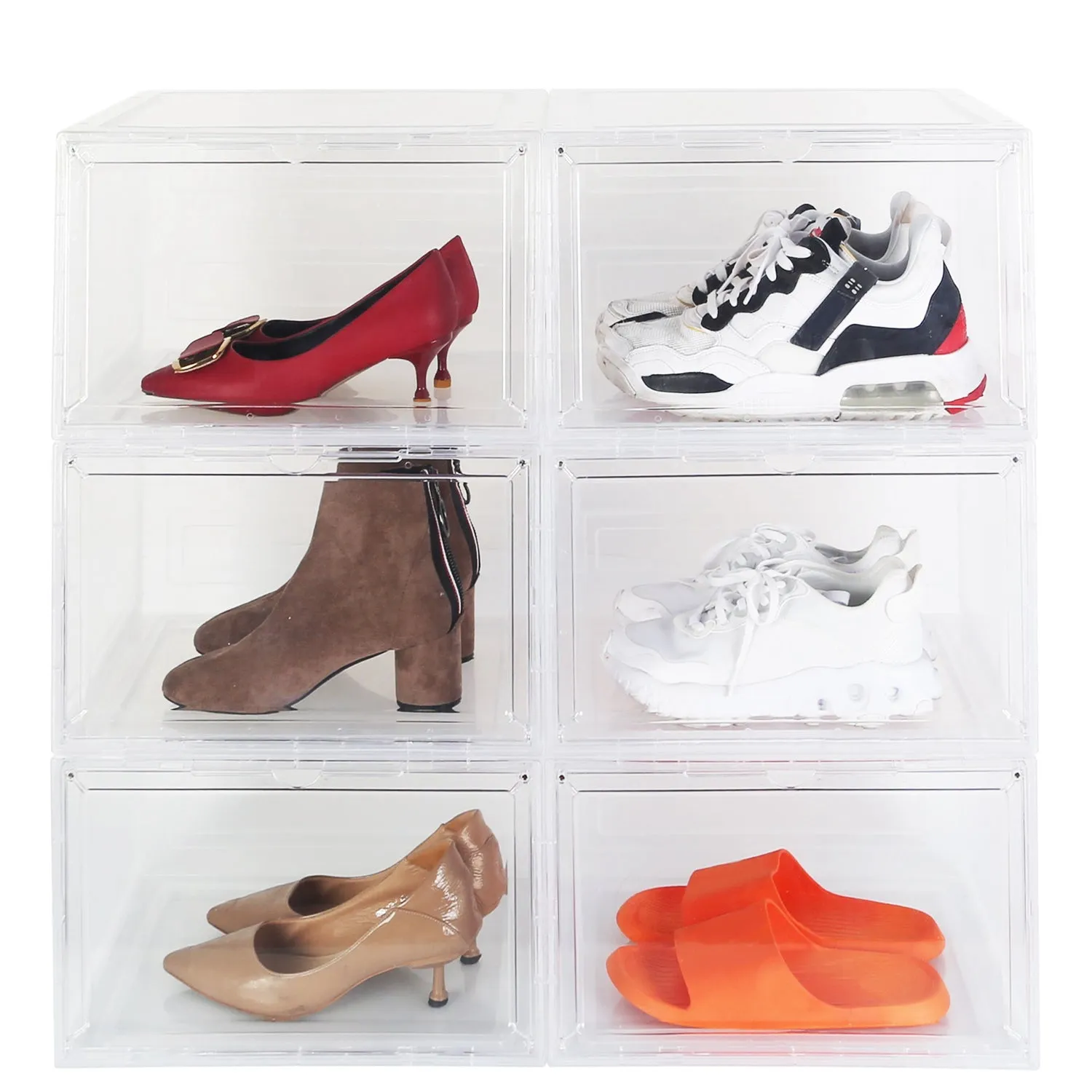 6-Pack: Collapsible Shoe Box Stackable Shoe Storage Bin with Magnetic Door