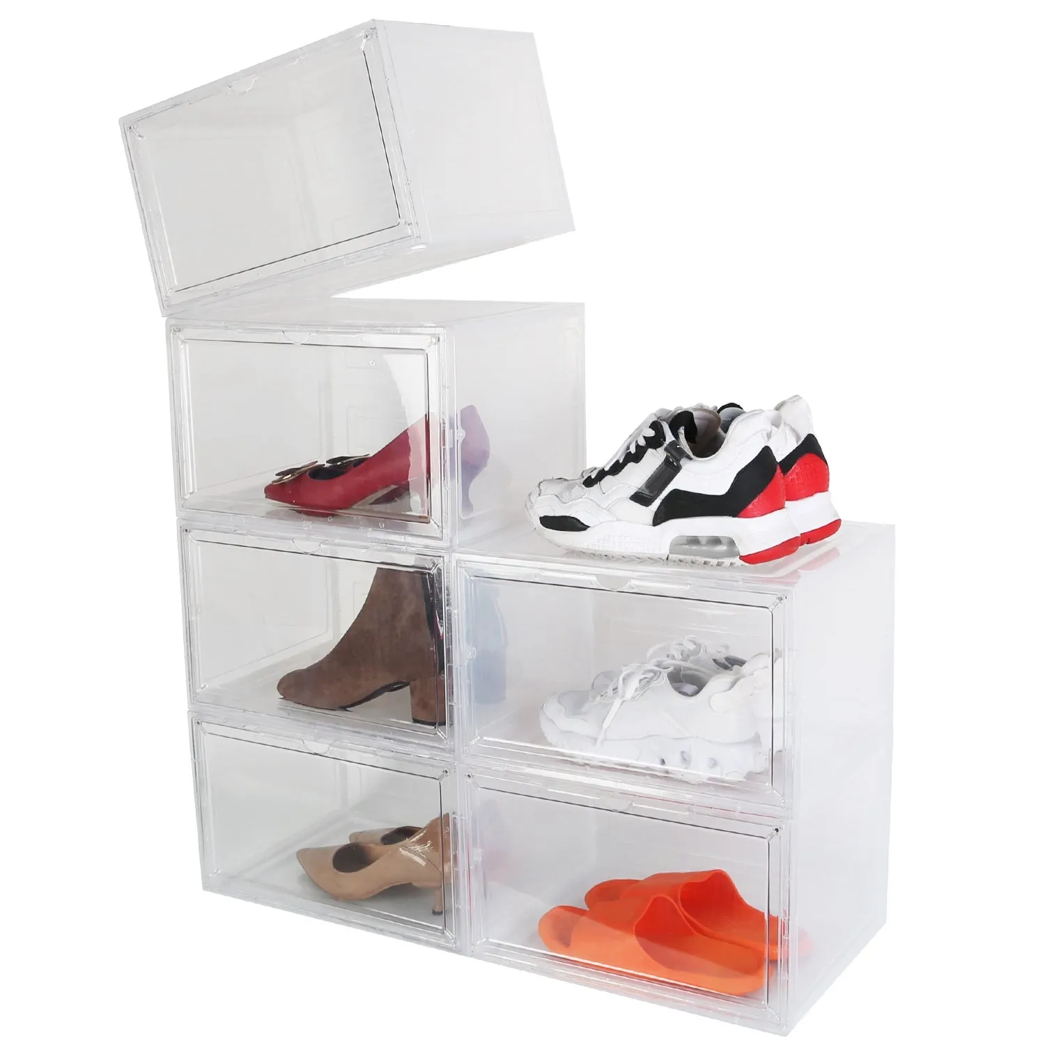 6-Pack: Collapsible Shoe Box Stackable Shoe Storage Bin with Magnetic Door