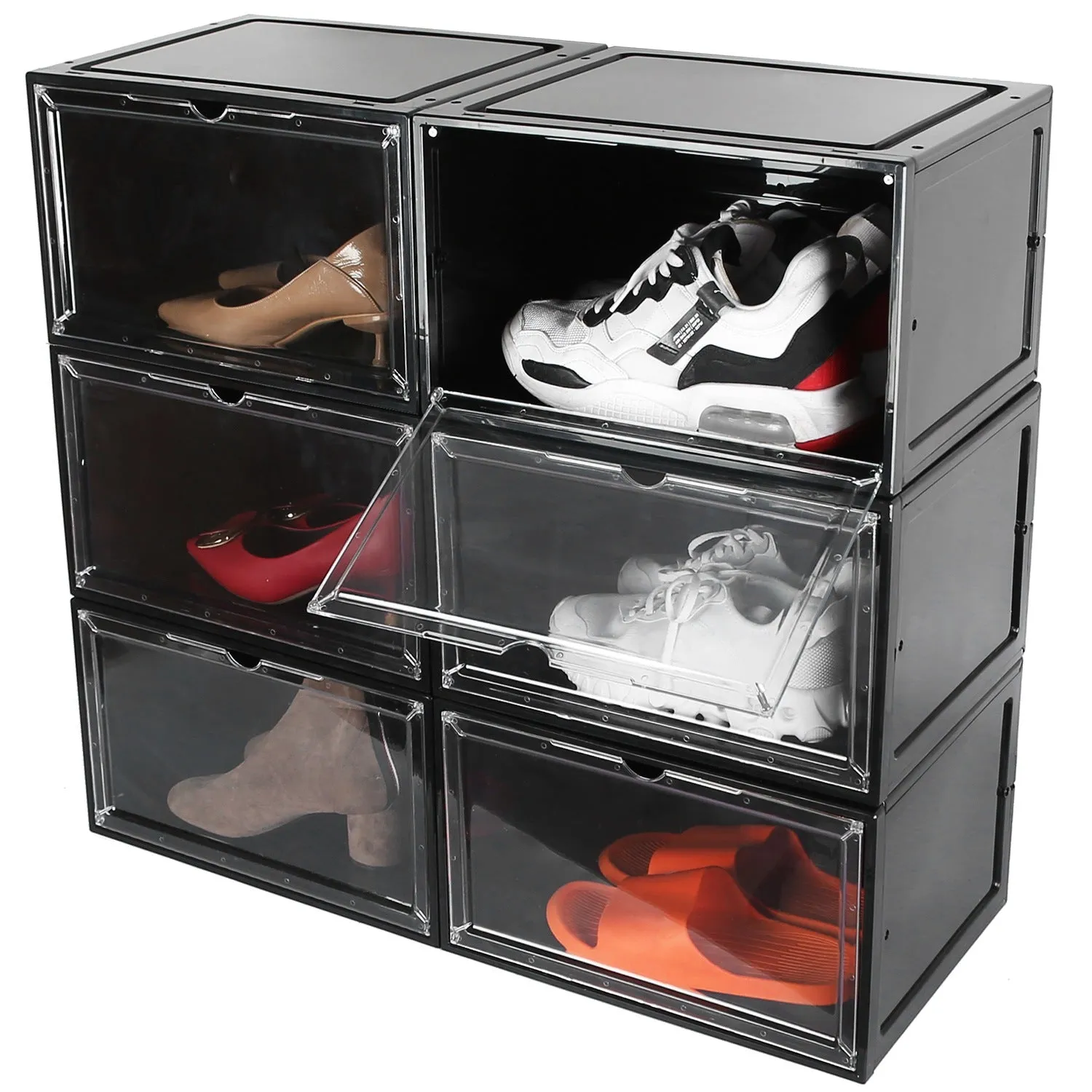 6-Pack: Collapsible Shoe Box Stackable Shoe Storage Bin with Magnetic Door