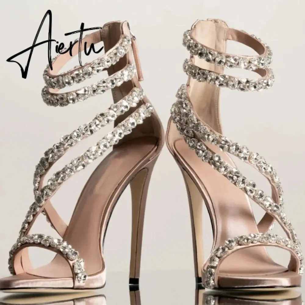 Aiertu  Crystal Straps Women Sandals Back Zipper High Thin Heels Ankle Wrap Sandals Narrow Band Sweet Fashion Casual Party Female Pumps