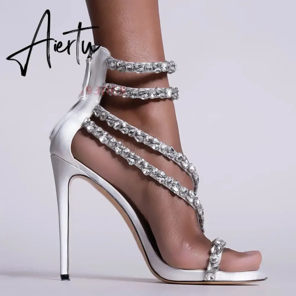 Aiertu  Crystal Straps Women Sandals Back Zipper High Thin Heels Ankle Wrap Sandals Narrow Band Sweet Fashion Casual Party Female Pumps