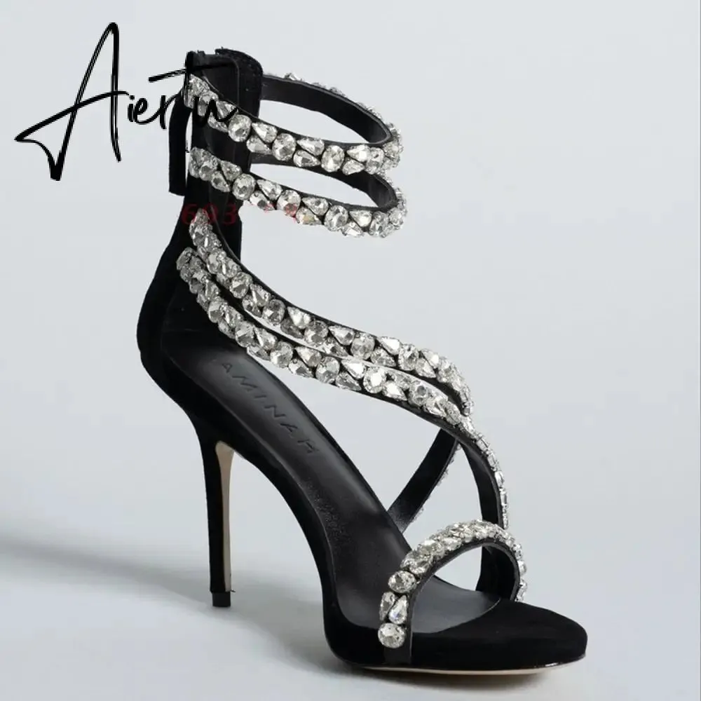 Aiertu  Crystal Straps Women Sandals Back Zipper High Thin Heels Ankle Wrap Sandals Narrow Band Sweet Fashion Casual Party Female Pumps