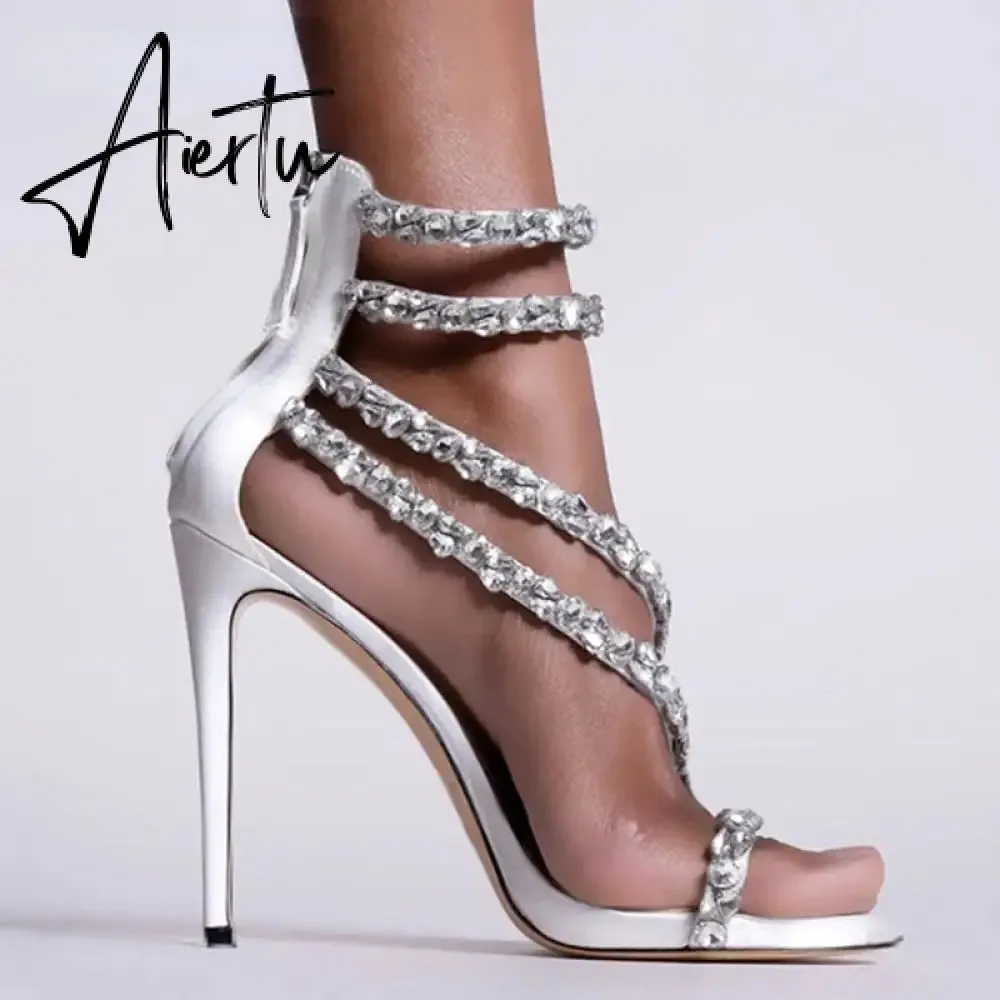 Aiertu  Crystal Straps Women Sandals Back Zipper High Thin Heels Ankle Wrap Sandals Narrow Band Sweet Fashion Casual Party Female Pumps