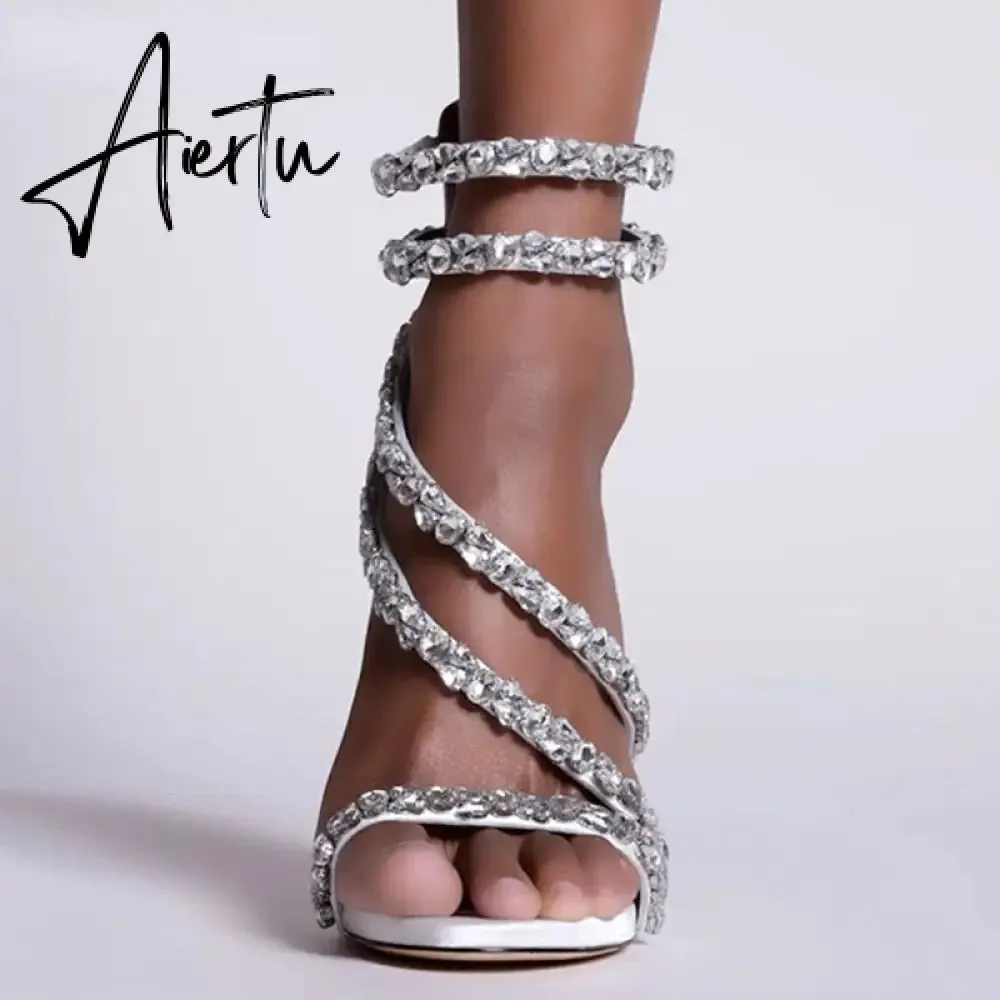 Aiertu  Crystal Straps Women Sandals Back Zipper High Thin Heels Ankle Wrap Sandals Narrow Band Sweet Fashion Casual Party Female Pumps