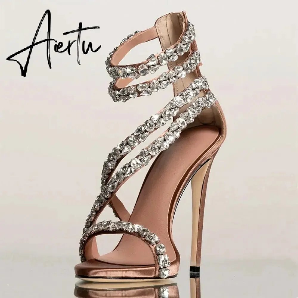 Aiertu  Crystal Straps Women Sandals Back Zipper High Thin Heels Ankle Wrap Sandals Narrow Band Sweet Fashion Casual Party Female Pumps