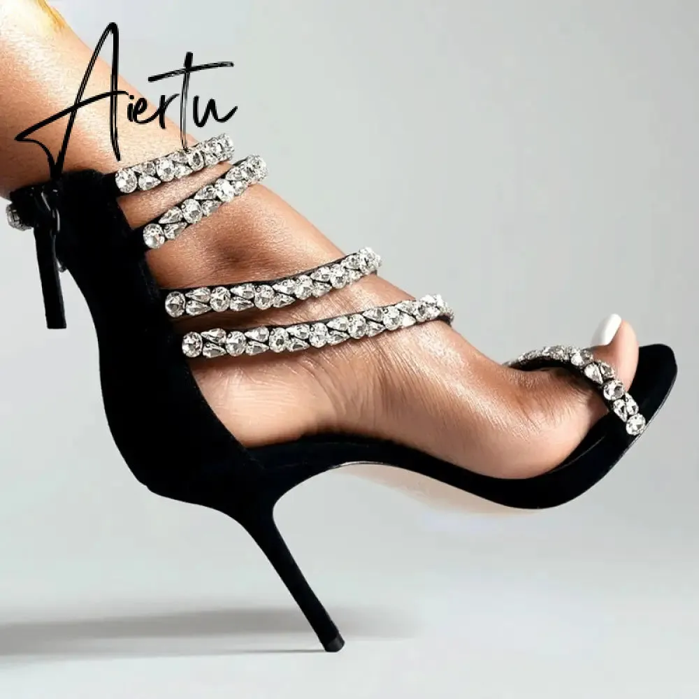 Aiertu  Crystal Straps Women Sandals Back Zipper High Thin Heels Ankle Wrap Sandals Narrow Band Sweet Fashion Casual Party Female Pumps