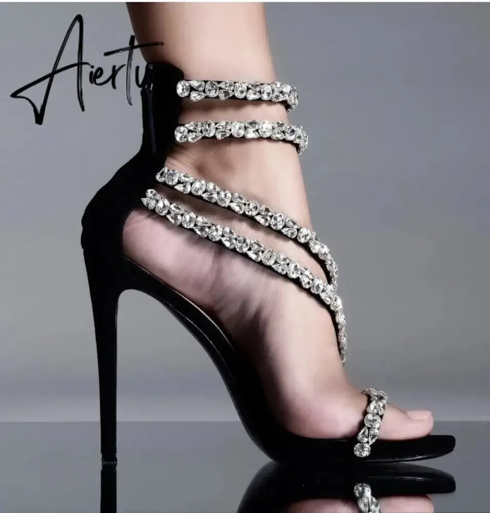 Aiertu  Crystal Straps Women Sandals Back Zipper High Thin Heels Ankle Wrap Sandals Narrow Band Sweet Fashion Casual Party Female Pumps