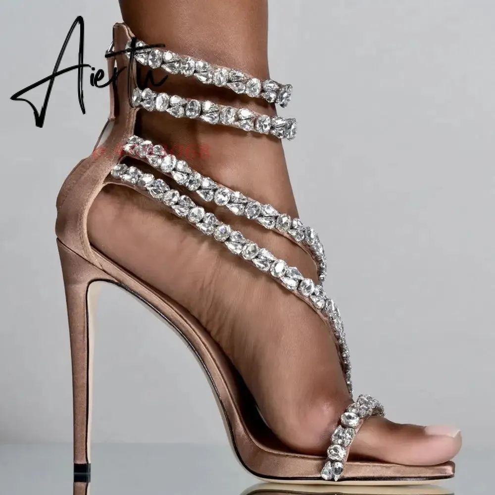 Aiertu  Crystal Straps Women Sandals Back Zipper High Thin Heels Ankle Wrap Sandals Narrow Band Sweet Fashion Casual Party Female Pumps