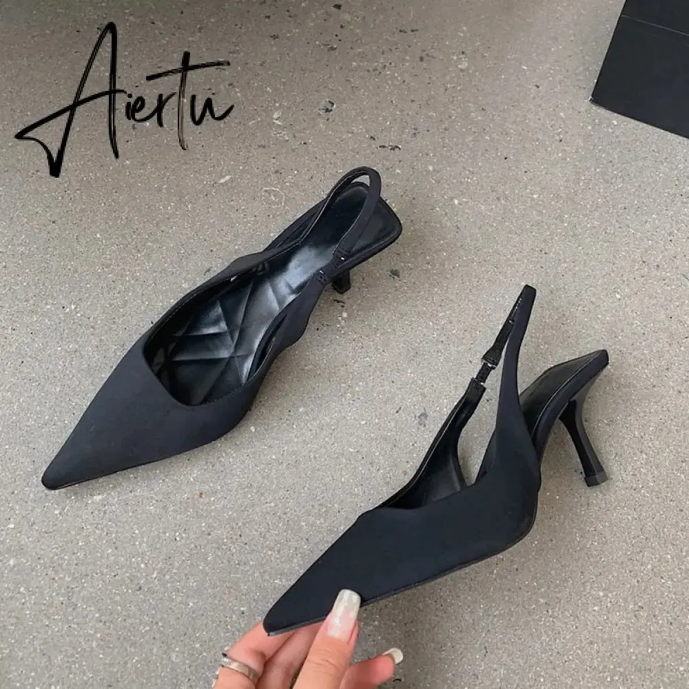 Aiertu  Fashion Thin High Heels Slingback Sandals Pointed Toe Slip On Mules Shoes Ladies Elegant Shallow Pumps Party Dress Shoes