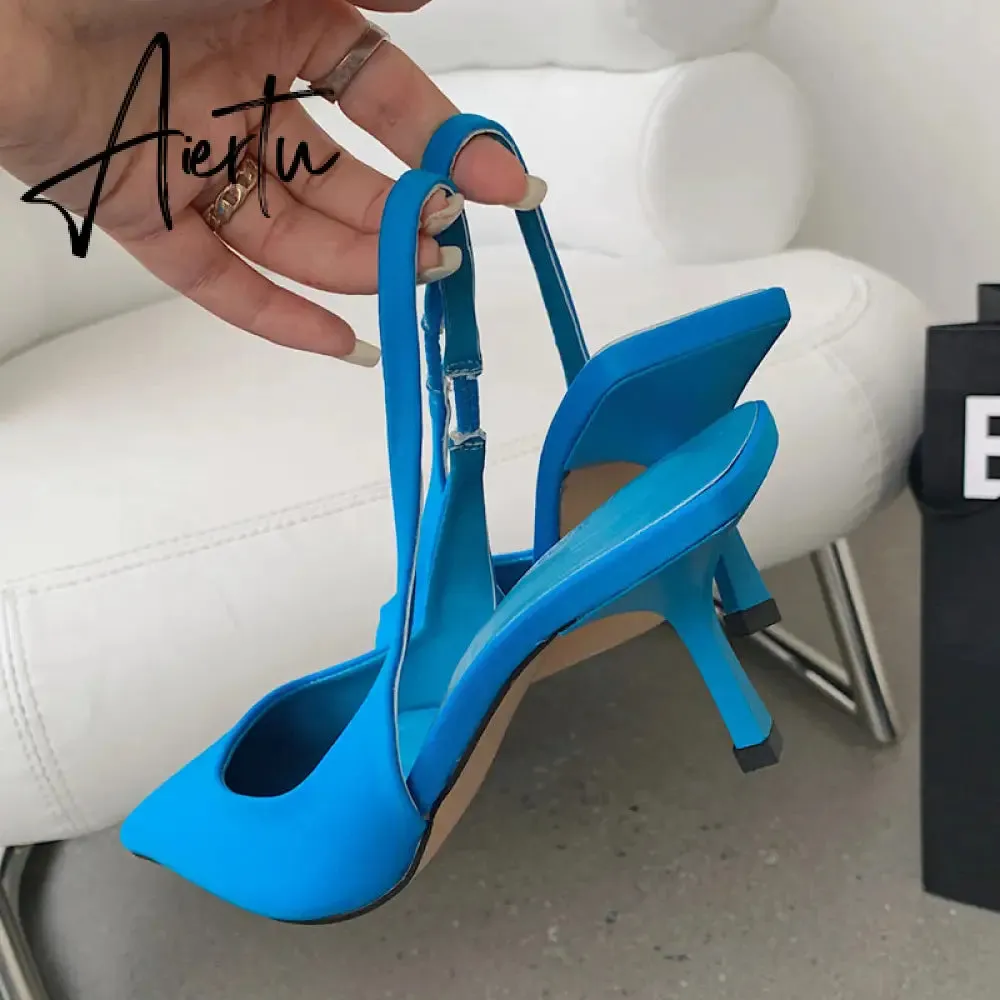 Aiertu  Fashion Thin High Heels Slingback Sandals Pointed Toe Slip On Mules Shoes Ladies Elegant Shallow Pumps Party Dress Shoes