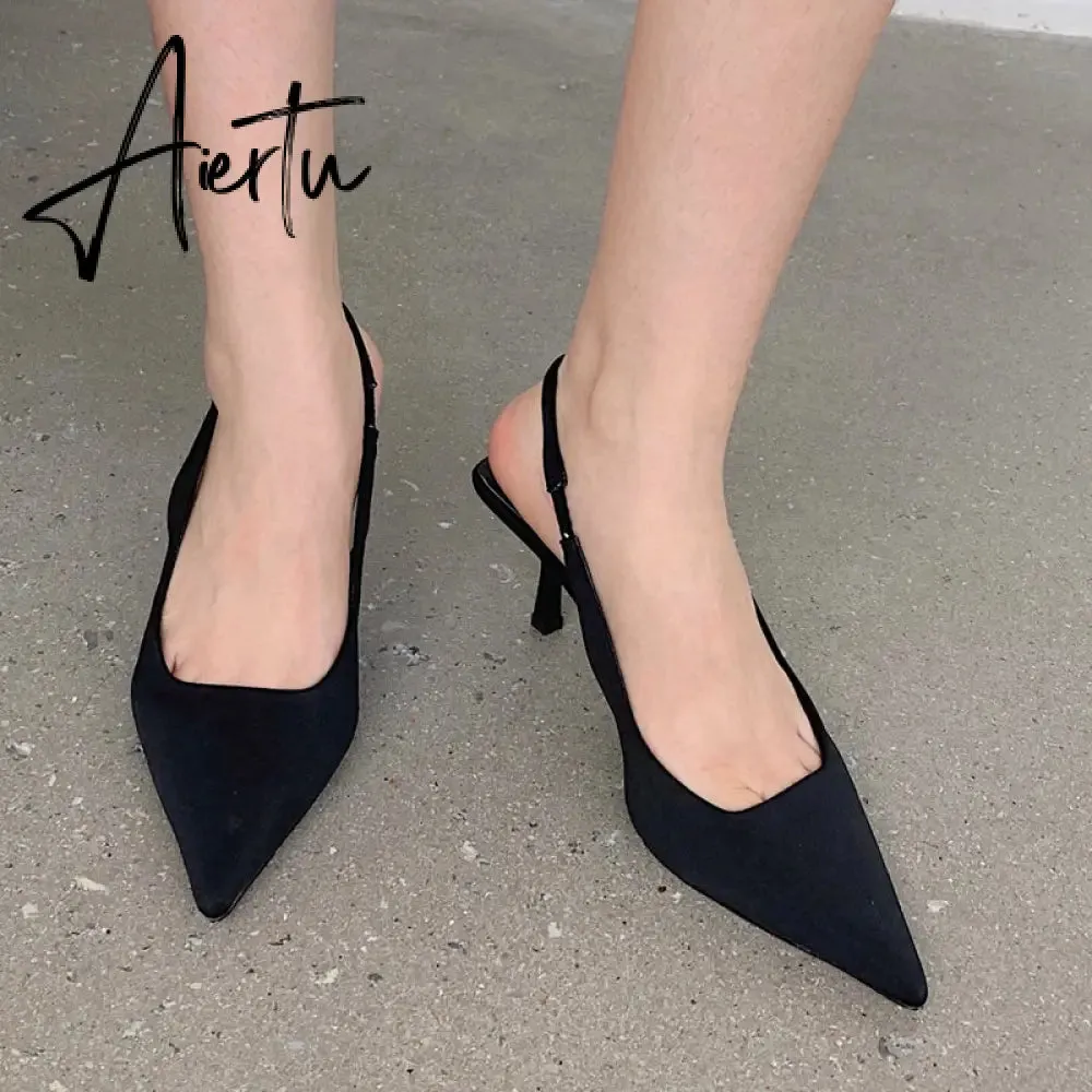 Aiertu  Fashion Thin High Heels Slingback Sandals Pointed Toe Slip On Mules Shoes Ladies Elegant Shallow Pumps Party Dress Shoes