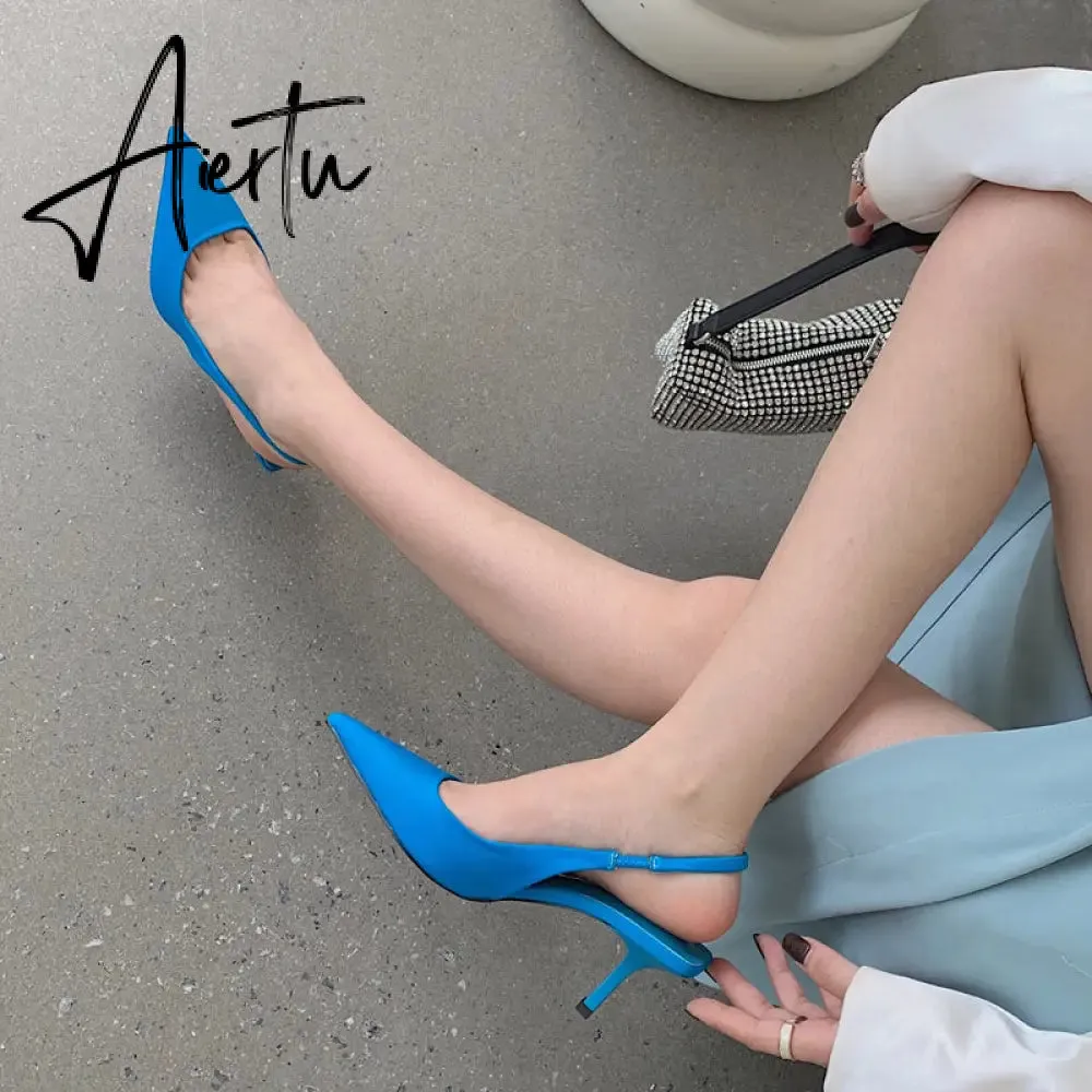 Aiertu  Fashion Thin High Heels Slingback Sandals Pointed Toe Slip On Mules Shoes Ladies Elegant Shallow Pumps Party Dress Shoes