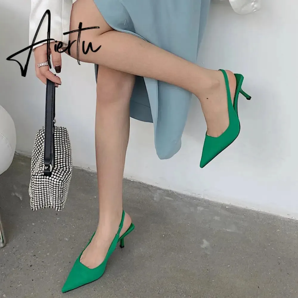 Aiertu  Fashion Thin High Heels Slingback Sandals Pointed Toe Slip On Mules Shoes Ladies Elegant Shallow Pumps Party Dress Shoes