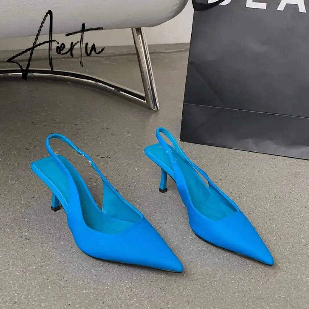 Aiertu  Fashion Thin High Heels Slingback Sandals Pointed Toe Slip On Mules Shoes Ladies Elegant Shallow Pumps Party Dress Shoes