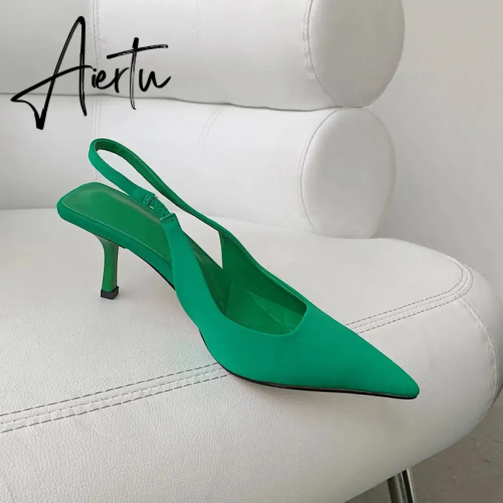 Aiertu  Fashion Thin High Heels Slingback Sandals Pointed Toe Slip On Mules Shoes Ladies Elegant Shallow Pumps Party Dress Shoes