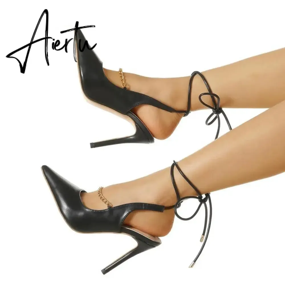 Aiertu  Genuien Leather Vintage Pointed Toe Women Shoes Pumps Spring Summer Party Dancing Slingback Heel Sandals Sadalias Femininas