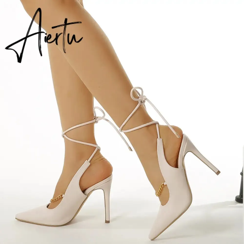 Aiertu  Genuien Leather Vintage Pointed Toe Women Shoes Pumps Spring Summer Party Dancing Slingback Heel Sandals Sadalias Femininas