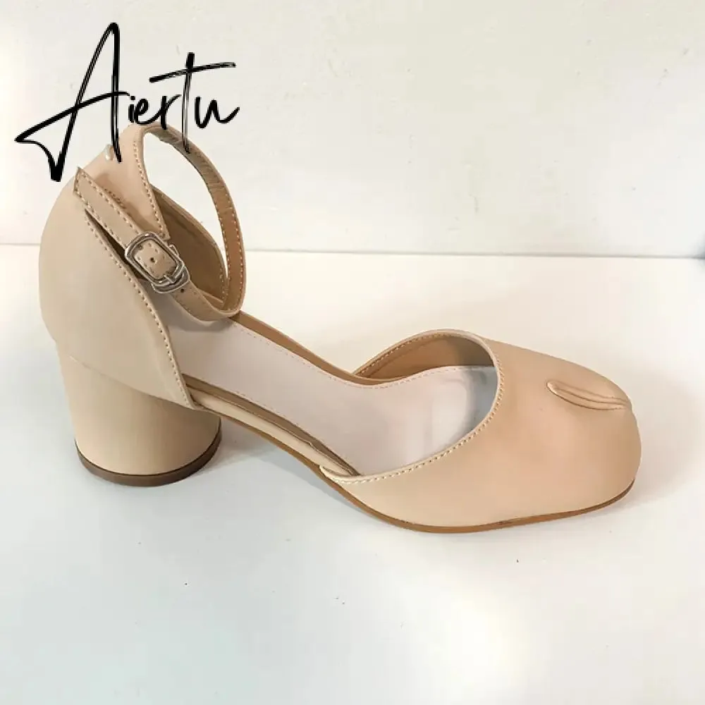 Aiertu  Summer Women Mary Jane Real Pig Leather Shoes High Heels Round Heel Shoes Ballet Ankle Strap Pumps Ninja Split Toe Sandals