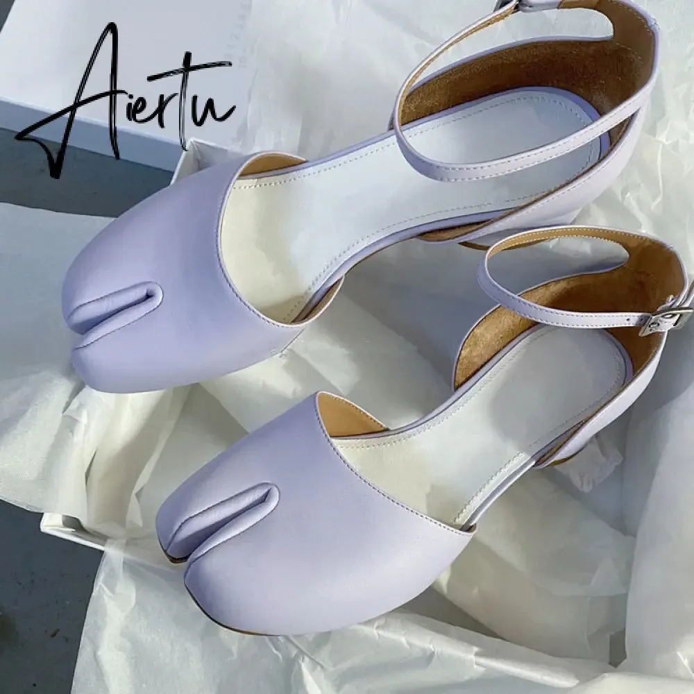 Aiertu  Summer Women Mary Jane Real Pig Leather Shoes High Heels Round Heel Shoes Ballet Ankle Strap Pumps Ninja Split Toe Sandals