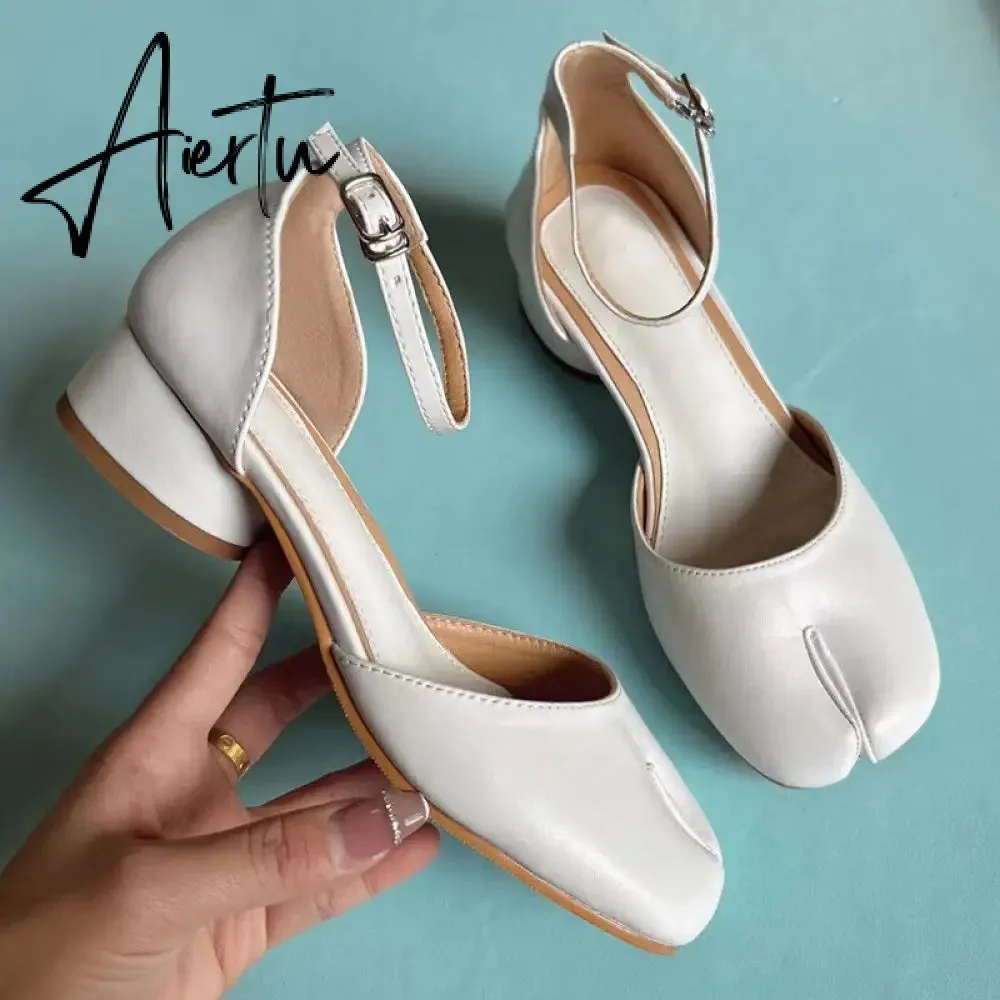 Aiertu  Summer Women Mary Jane Real Pig Leather Shoes High Heels Round Heel Shoes Ballet Ankle Strap Pumps Ninja Split Toe Sandals