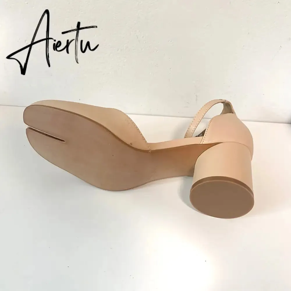 Aiertu  Summer Women Mary Jane Real Pig Leather Shoes High Heels Round Heel Shoes Ballet Ankle Strap Pumps Ninja Split Toe Sandals