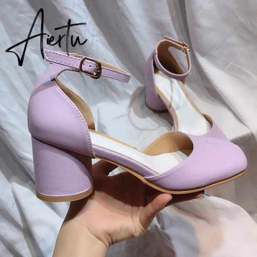 Aiertu  Summer Women Mary Jane Real Pig Leather Shoes High Heels Round Heel Shoes Ballet Ankle Strap Pumps Ninja Split Toe Sandals