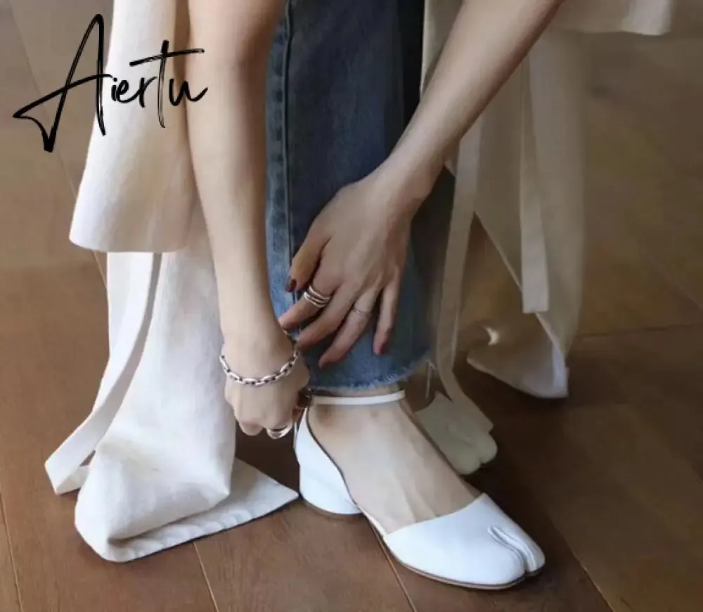 Aiertu  Summer Women Mary Jane Real Pig Leather Shoes High Heels Round Heel Shoes Ballet Ankle Strap Pumps Ninja Split Toe Sandals