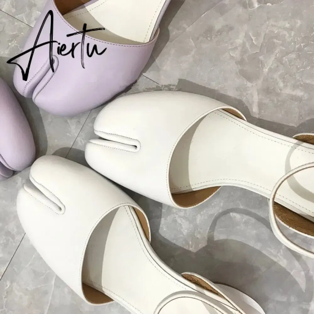 Aiertu  Summer Women Mary Jane Real Pig Leather Shoes High Heels Round Heel Shoes Ballet Ankle Strap Pumps Ninja Split Toe Sandals