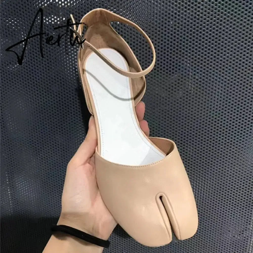 Aiertu  Summer Women Mary Jane Real Pig Leather Shoes High Heels Round Heel Shoes Ballet Ankle Strap Pumps Ninja Split Toe Sandals