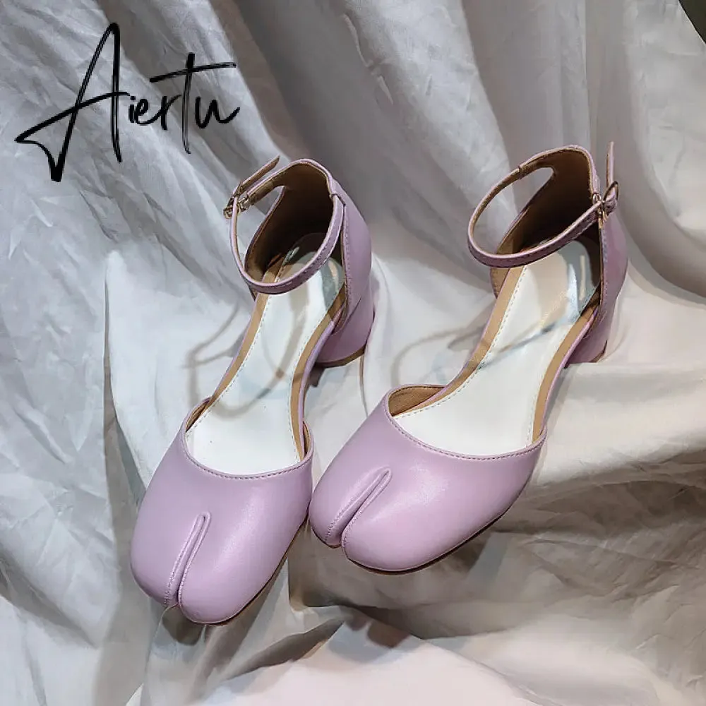 Aiertu  Summer Women Mary Jane Real Pig Leather Shoes High Heels Round Heel Shoes Ballet Ankle Strap Pumps Ninja Split Toe Sandals