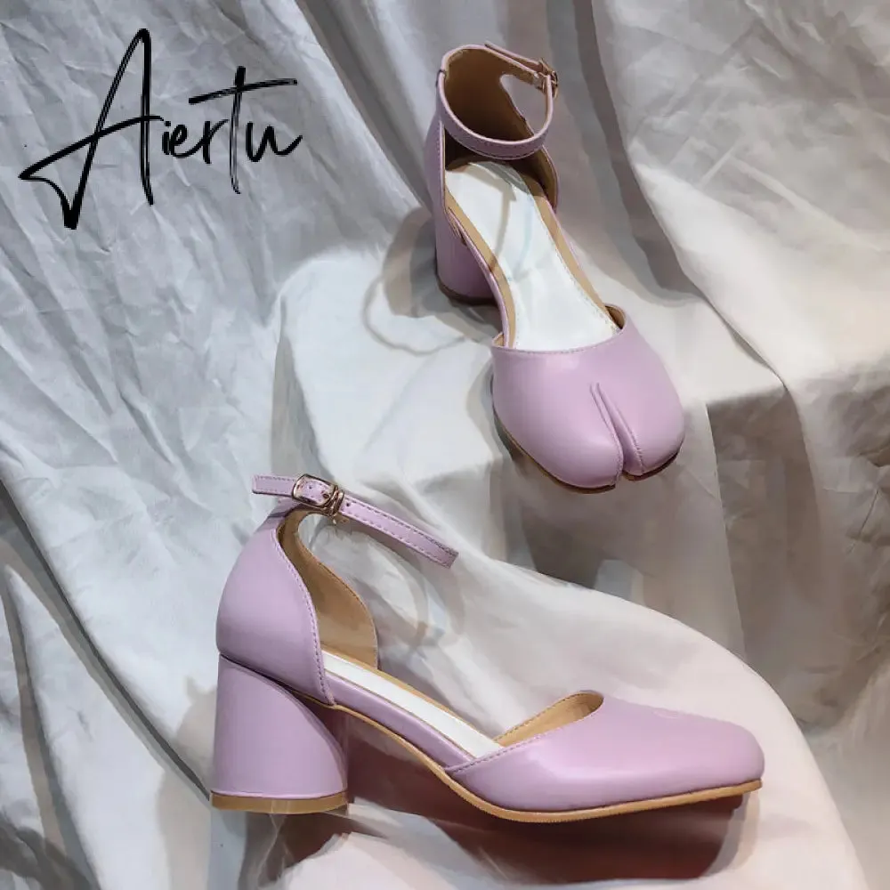 Aiertu  Summer Women Mary Jane Real Pig Leather Shoes High Heels Round Heel Shoes Ballet Ankle Strap Pumps Ninja Split Toe Sandals