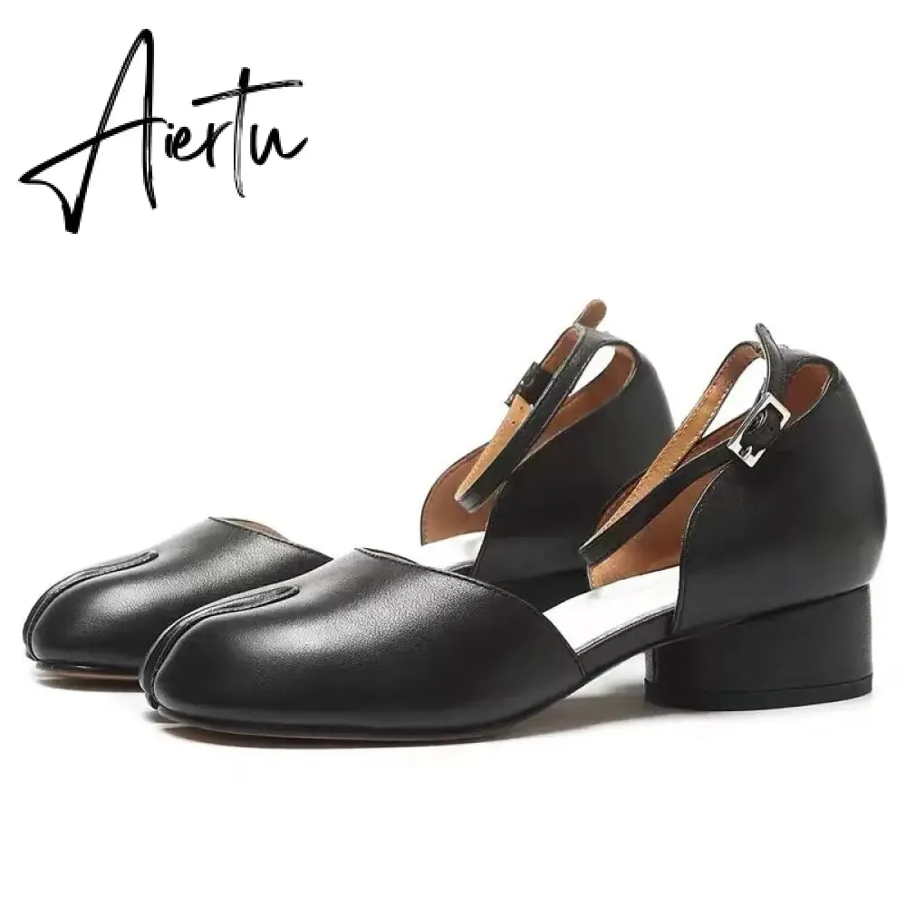 Aiertu  Summer Women Mary Jane Real Pig Leather Shoes High Heels Round Heel Shoes Ballet Ankle Strap Pumps Ninja Split Toe Sandals