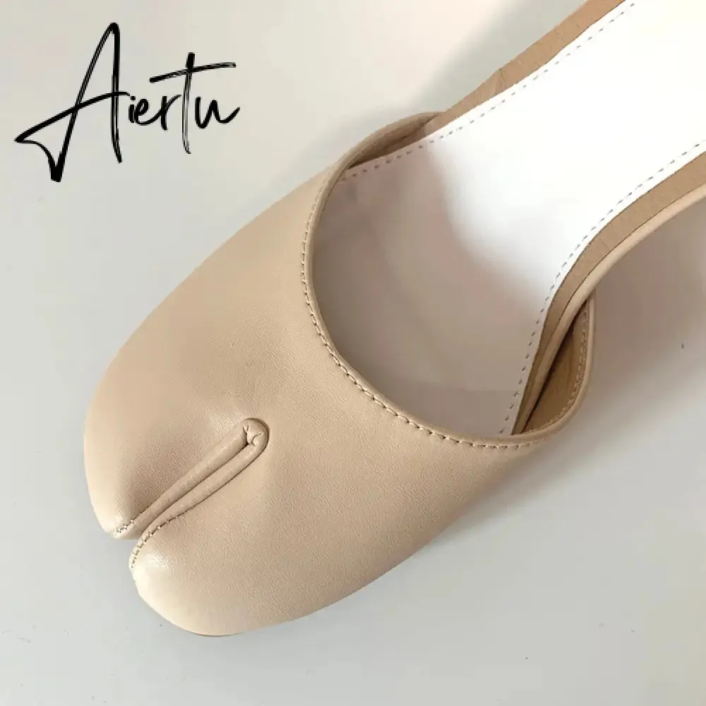 Aiertu  Summer Women Mary Jane Real Pig Leather Shoes High Heels Round Heel Shoes Ballet Ankle Strap Pumps Ninja Split Toe Sandals