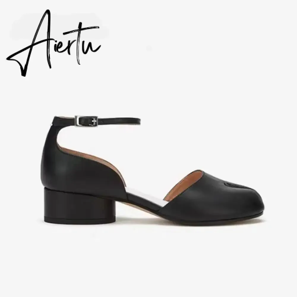 Aiertu  Summer Women Mary Jane Real Pig Leather Shoes High Heels Round Heel Shoes Ballet Ankle Strap Pumps Ninja Split Toe Sandals