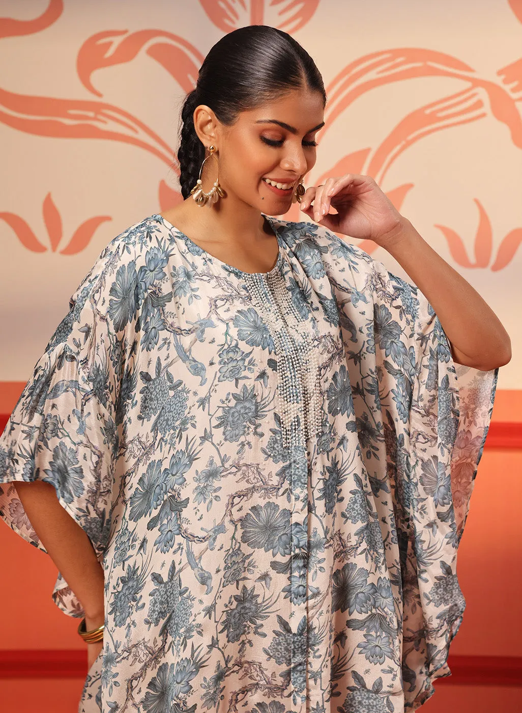 Alaya Smoky Blue Printed Chiffon Long Top for Women