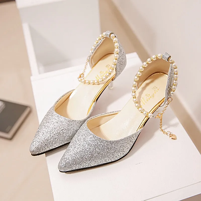 Amozae-Graduation Gift Big Sale     Pointed Toe Wedding Bride High Heels Shoes Female Low Small Heel Sandals Party Office Gold Silver Women Pumps