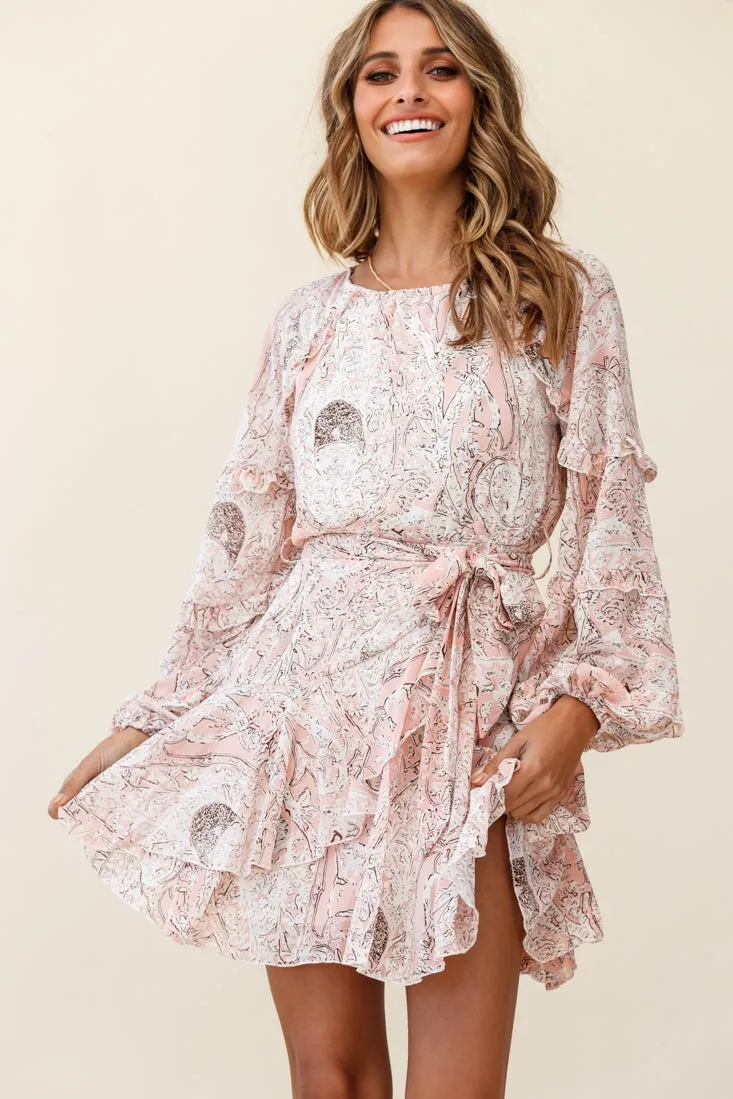 Angelini Long Sleeve Waist Tie Dress Floral Print Pink