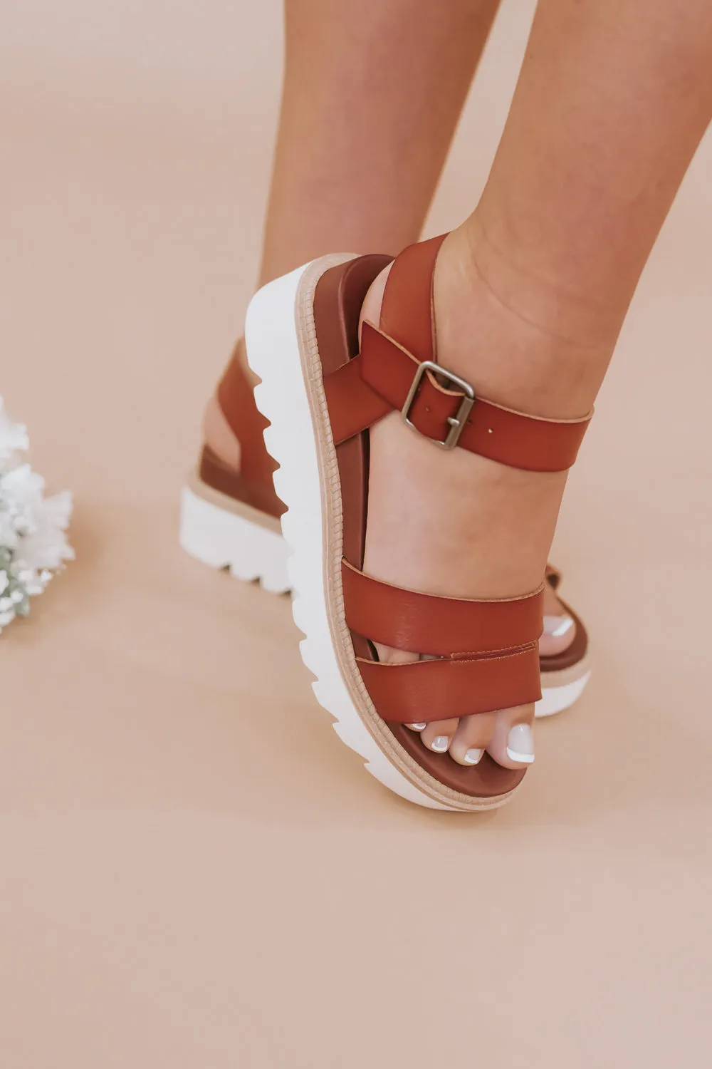 Ankle Strap Platform Wedge  Sandal, Cognac