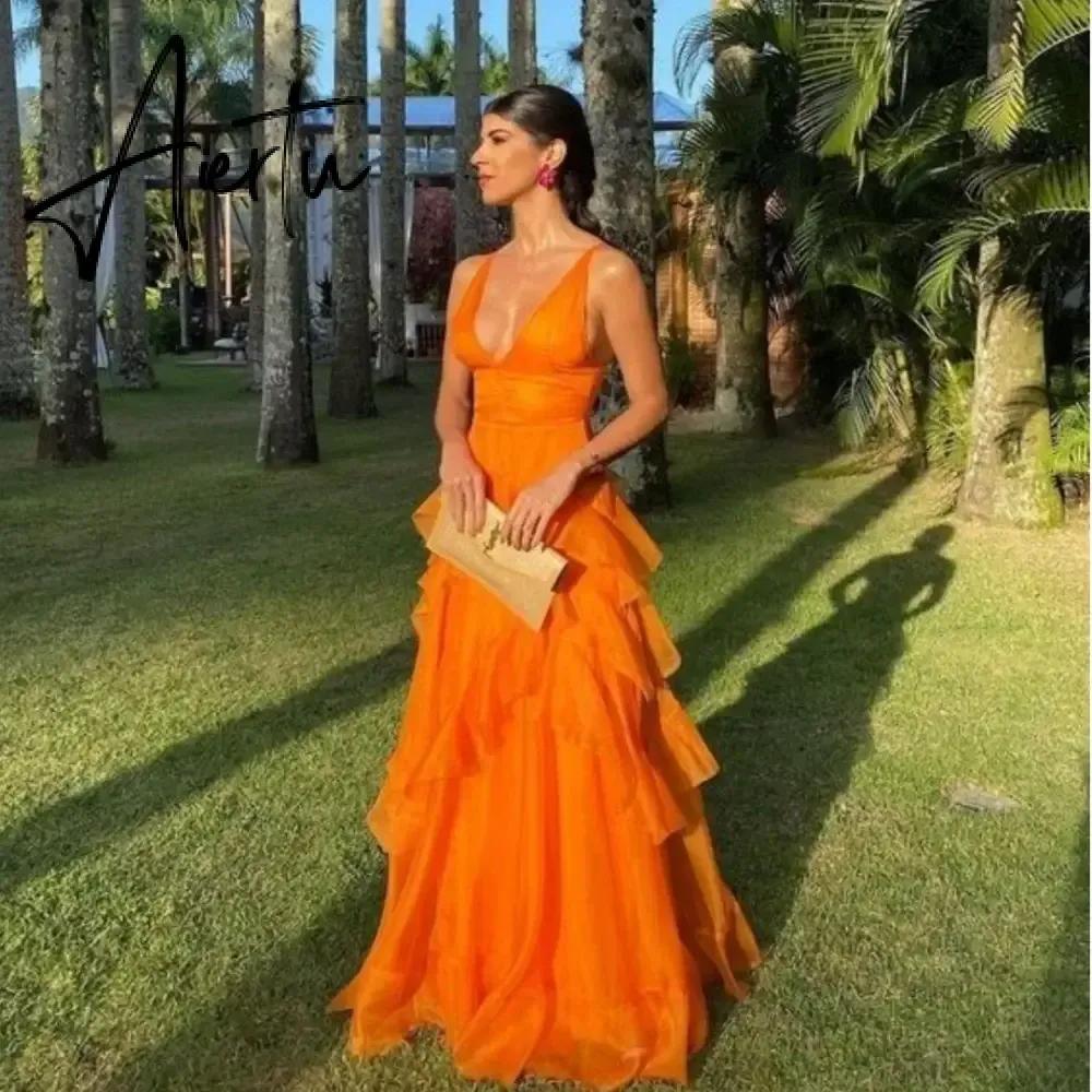 Annie Sexy V-neck Prom Dressess A-shaped Layered Cocktail Custom Evening Dress Orange Ladies Formal Gown