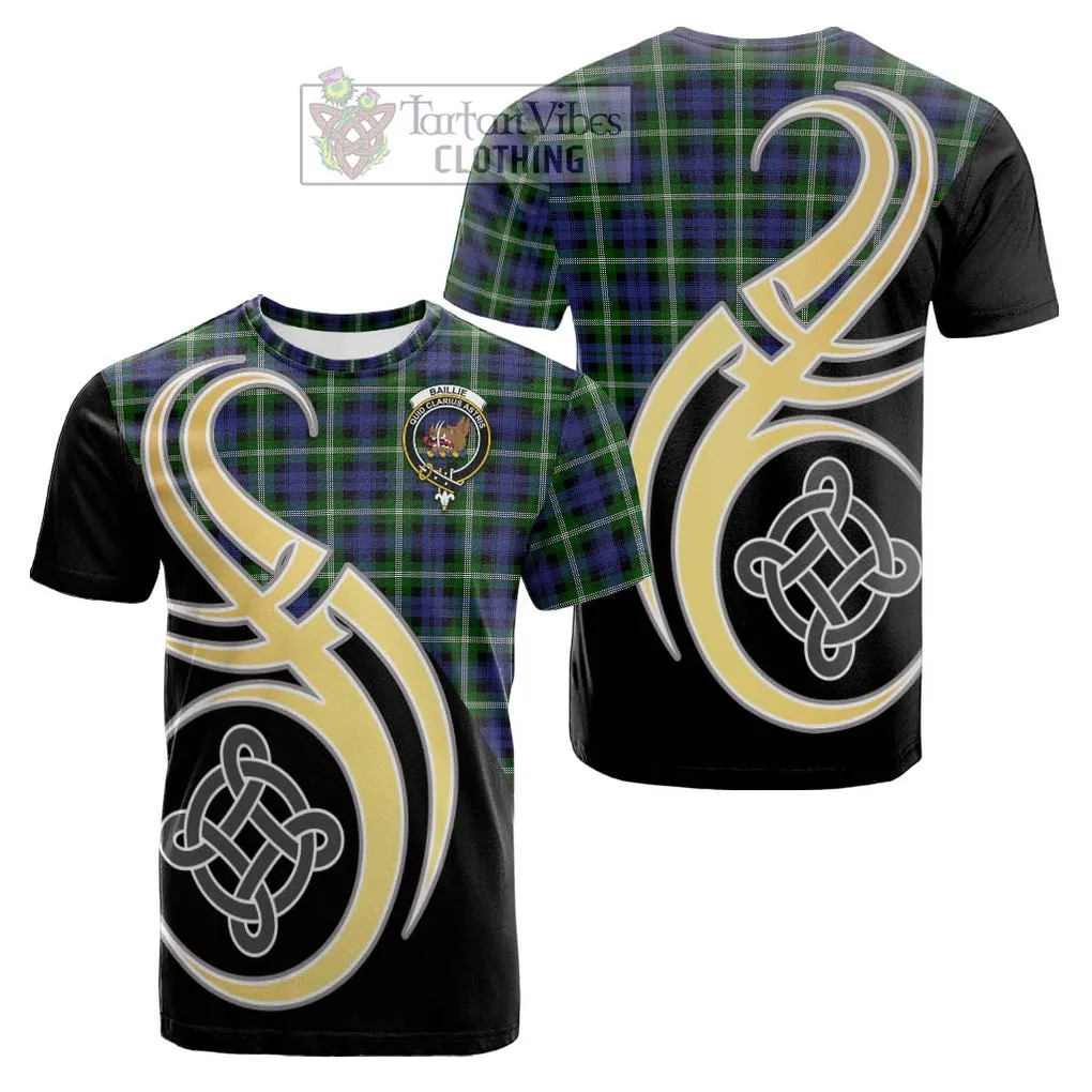 Baillie (Bailey) Tartan Cotton T-shirt with Family Crest and Celtic Symbol Style