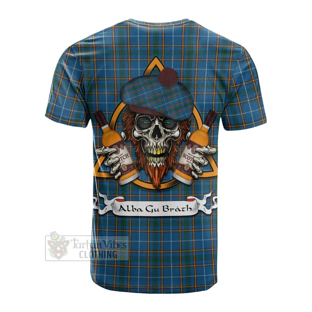 Bain Tartan Cotton T-shirt with Family Crest and Bearded Skull Holding Bottles of Whiskey