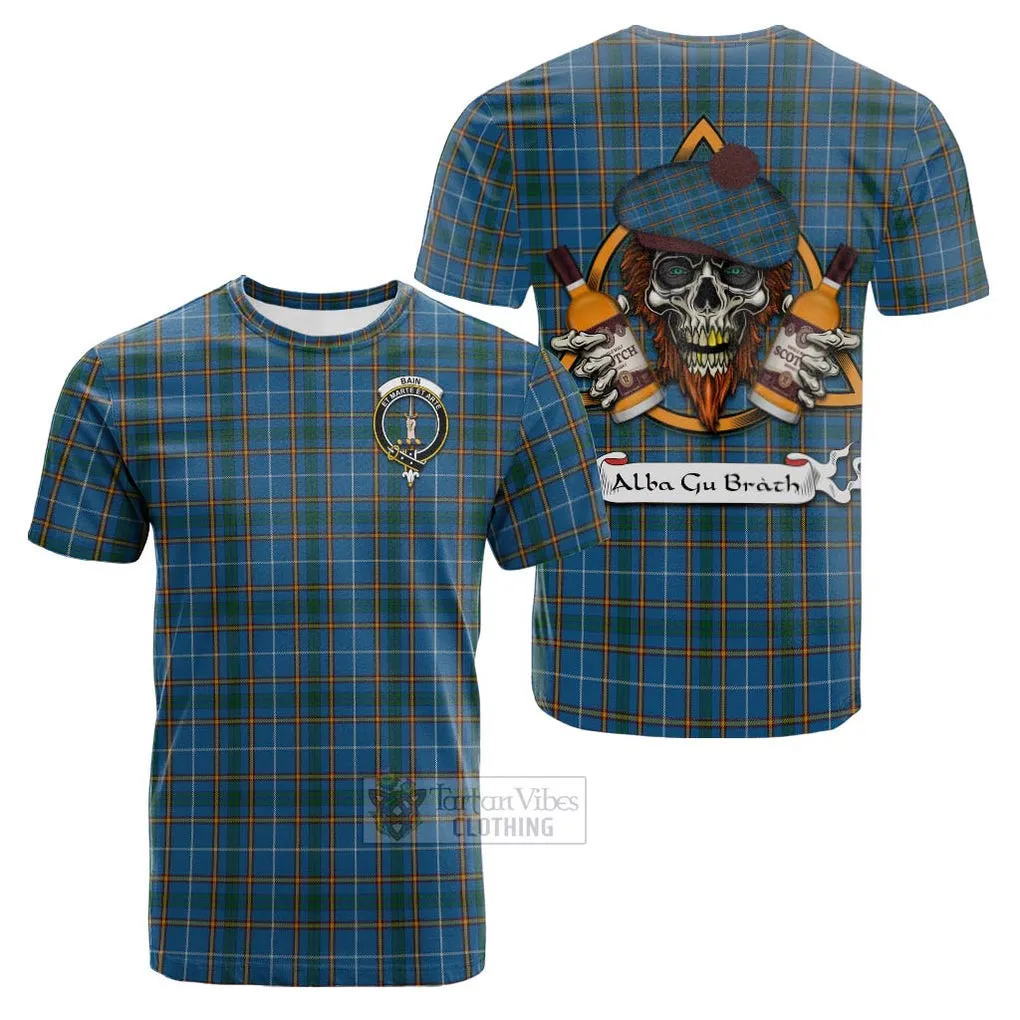 Bain Tartan Cotton T-shirt with Family Crest and Bearded Skull Holding Bottles of Whiskey