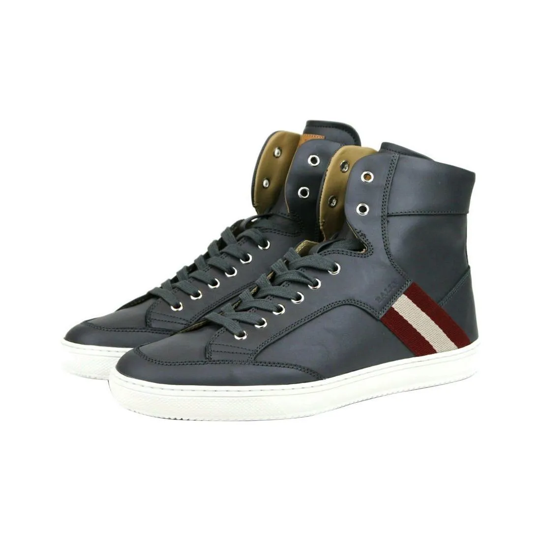 Bally Dark Grey Calf Leather Hi Top Sneaker With Red Beige